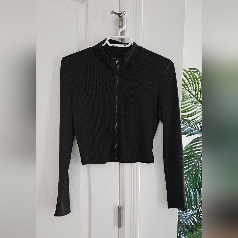 Cropped Black Long-Sleeve Zip-Front Bodysuit